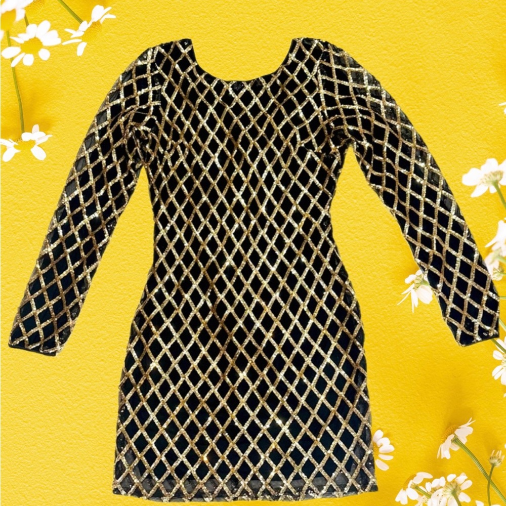 Forever 21 long sleeve black/gold diamond pattern sequence   Party dress size L